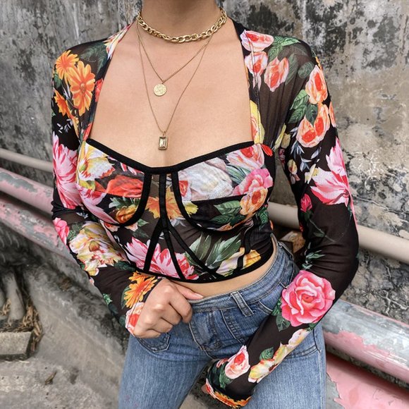 Large Floral Mesh Printed Long Sleeve Bustier Top - Picture 1 of 8